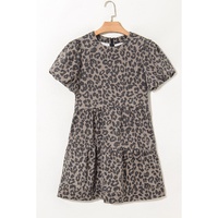 Brown Denim Leopard Printed Short Puff Sleeve Mini Dress - L thumbnail