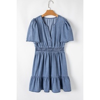 Ashleigh Blue Ruffled V Neck Smocked High Waist Denim Mini Dress - S thumbnail