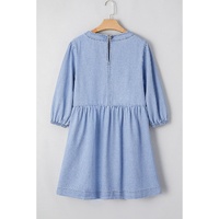 Beau Blue Denim Button Detail Babydoll Square Neck Mini Dress - L thumbnail