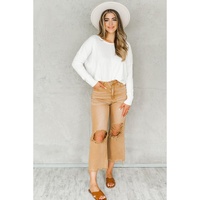 Brown Distressed Hollow-out High Waist Cropped Flare Jeans - 10 US thumbnail