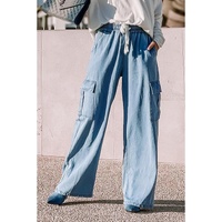 Sky Blue Drawstring High Waist Cargo Pocket Wide Leg Jeans - L thumbnail