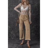Light French Beige Acid Washed High Rise Cropped Wide Leg Jeans - 14 US thumbnail