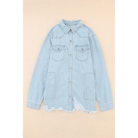 Sky Blue Flap Pocket Buttoned Raw Hem Denim Jacket - L thumbnail