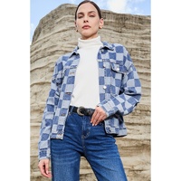 Light Blue Checkered Patchwork Button up Denim Jacket - S thumbnail