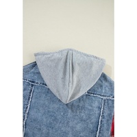 Beau Blue Plaid Print Patchwork Hooded Raw Hem Denim Jacket - XL thumbnail