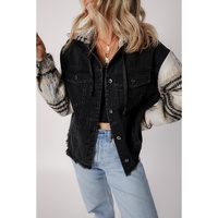 Black Plaid Sleeve Frayed Hem Hooded Denim Jacket - M thumbnail
