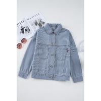 Sky Blue Stripe Washed Oversize Pocketed Denim Jacket - L thumbnail