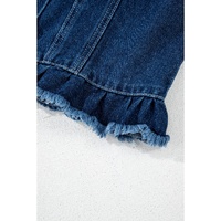 Navy Blue Ruffle Raw Hem Flap Pockets Denim Jacket - S thumbnail