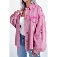 Pink Lace Patchwork Distressed Buttoned Denim Jacket - L thumbnail