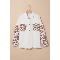 White Cow Spot Patchwork Flap Pocket Distressed Hem Long Denim Jacket - S thumbnail