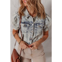Beau Blue Light Wash Buttoned Chest Pocket Puff Sleeve Denim Jacket - M thumbnail