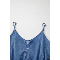 Ashleigh Blue Spaghetti Straps V Neck Belted Ruffled Leg Chambray Romper - S thumbnail