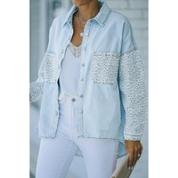 Sky Blue Contrast Leopard Denim Jacket - S thumbnail