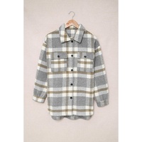 Brown Plaid Print Pocket Women Shacket - M thumbnail