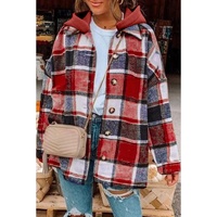 Azura Exchange Red Hooded Plaid Button Front Shacket - S thumbnail