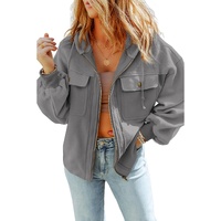 Gray Flap Pocket Drawstring Hood Zip Up Jacket - M thumbnail