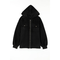 Black Flap Pocket Drawstring Hood Zip Up Jacket - M thumbnail