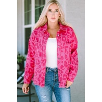 Pink Leopard Print Button Cuffs Raw Hem Jacket - L thumbnail