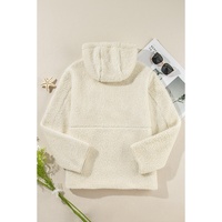 Beige Fleece Zip Up Drawstring Hooded Pocketed Jacket - M thumbnail