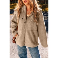 Pale Khaki Fleece Zip Up Drawstring Hooded Pocketed Jacket - 2XL thumbnail