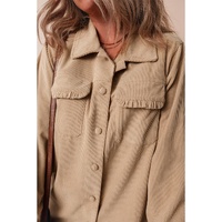 Light French Beige Solid Frilled Flap Pocket Button Up Corduroy Shacket - L thumbnail