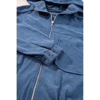 Real Teal Corduroy Drawstring Hooded Pocket Zip Up Jacket - S thumbnail