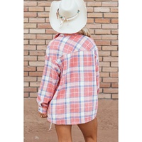 Pink Plaid Flap Pocket Button Up Shacket - L thumbnail