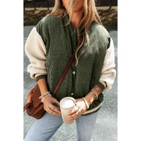 Mist Green Corduroy Fleece Patchwork Buttoned Bomber Jacket - S thumbnail