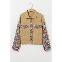 Khaki Waffle Knit Floral Print Patchwork Button up Jacket - M thumbnail