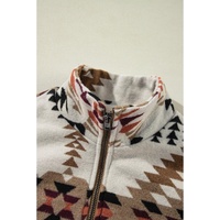 Beige Aztec Printed Stand Neck Zip Up Jacket - M thumbnail