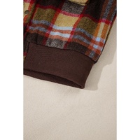 Brown Plaid Print Chest Pockets Button Zipper Stand Neck Jacket - L thumbnail