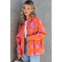Orange Plaid Chest Pockets Button-up Turn Down Collar Jacket - L thumbnail