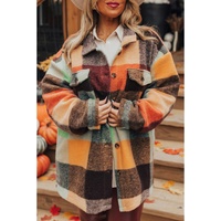 Orange Plaid Print Flap Pocket Long Jacket - S thumbnail