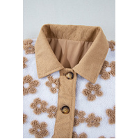 Light French Beige Cute Flower Pattern Button Up Fleece Jacket - 2XL thumbnail