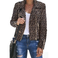 Leopard Zipped Notch Collar Short Jacket - L thumbnail
