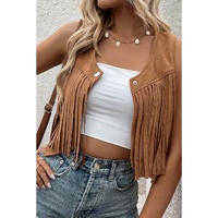 Camel Fringed Snap Button Front Suedette Vest - L thumbnail