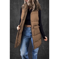 Coffee Windproof Longline Full Zipper Puffer Vest with Pockets - XL thumbnail
