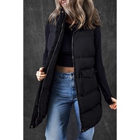 Black Windproof Longline Full Zipper Puffer Vest with Pockets - M thumbnail