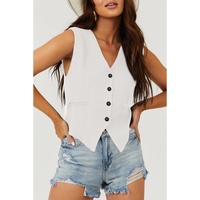 White Solid Color Button up V Neck Suit Vest - S thumbnail