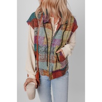 Multicolor Plaid Print Side Pockets Zipped Loose Vest - M thumbnail