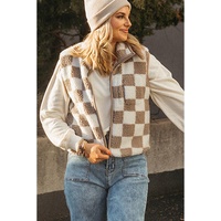 Khaki Checkered Sherpa Collared Jacket Vest - S thumbnail