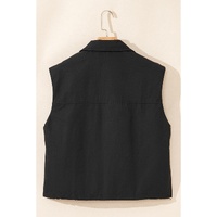 Black Flap Pockets Zip Up High Neck Vest - M thumbnail