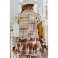 Orange Plaid Color Block Patchwork Shirt Jacket with Pocket - M thumbnail