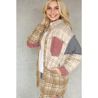 Pink Plaid Color Block Patchwork Shirt Jacket with Pocket - L thumbnail