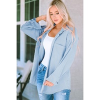 Sky Blue Roll Tab Sleeve Ribbed Cording Shacket - S thumbnail