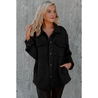 Black Retro Quilted Flap Pocket Button Shacket - L thumbnail
