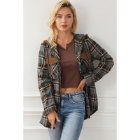 Contrast Hooded Drawstring Plaid Shacket - S thumbnail