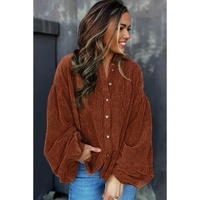 Coffee Textured Corduroy Puff Sleeve Shacket - L thumbnail