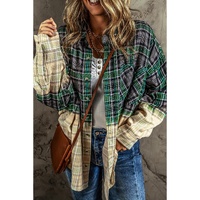Blackish Green Contrast Plaid Patchwork Chest Pocket Button up Shacket - L thumbnail