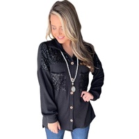 Black Sequin Patch Chest Pocket Corded Shacket - M thumbnail